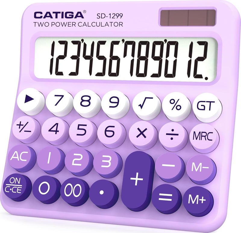 CATIGA Mechanical Switch Calculator with Solar and Battery Dual Power, 12-Digit Large LCD Display, Aesthetic and Cute Desktop Calculator with Big Button, for Home, School and Office Use, SD-1299 - Image 1
